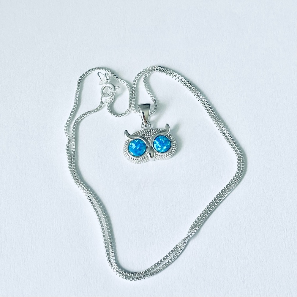 Sterling Silver Lab Opal Eyes Owl Necklace, Spirit Birds, Silver Necklaces,